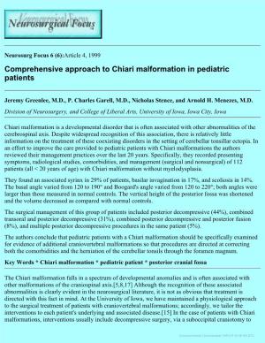 Comprehensive Approach to Chiari Malformation in Pediatric Patients