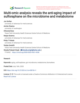 Multi-Omic Analysis Reveals the Anti-Aging Impact of Sulforaphane on the Microbiome and Metabolome
