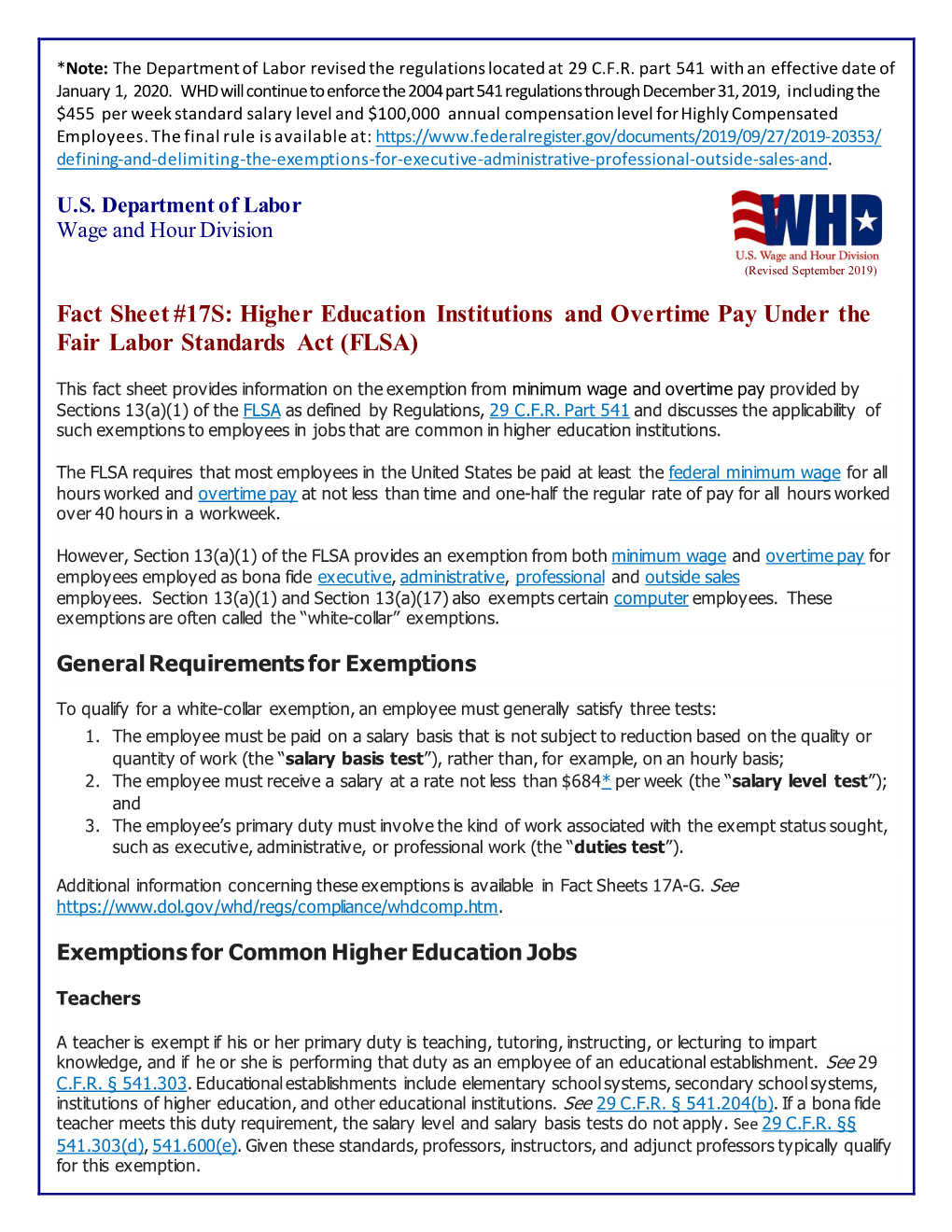 Fact Sheet #17S: Higher Education Institutions and Overtime Pay Under the Fair Labor Standards Act (FLSA)