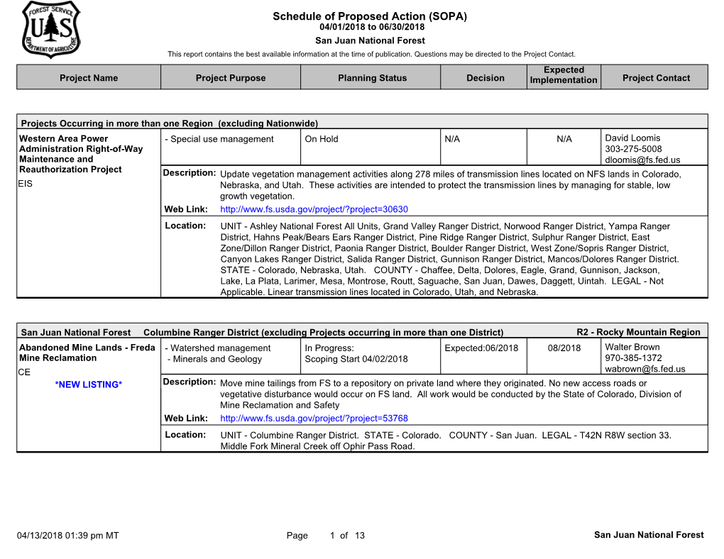 Schedule of Proposed Action (SOPA) 04/01/2018 to 06/30/2018 San Juan National Forest This Report Contains the Best Available Information at the Time of Publication