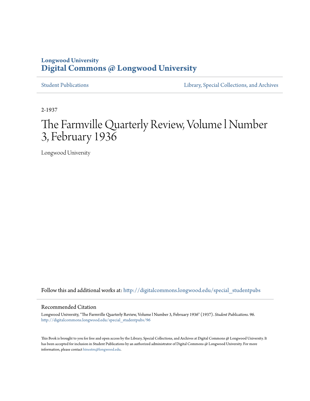 The Farmville Quarterly Review, Volume L Number 3, February 1936