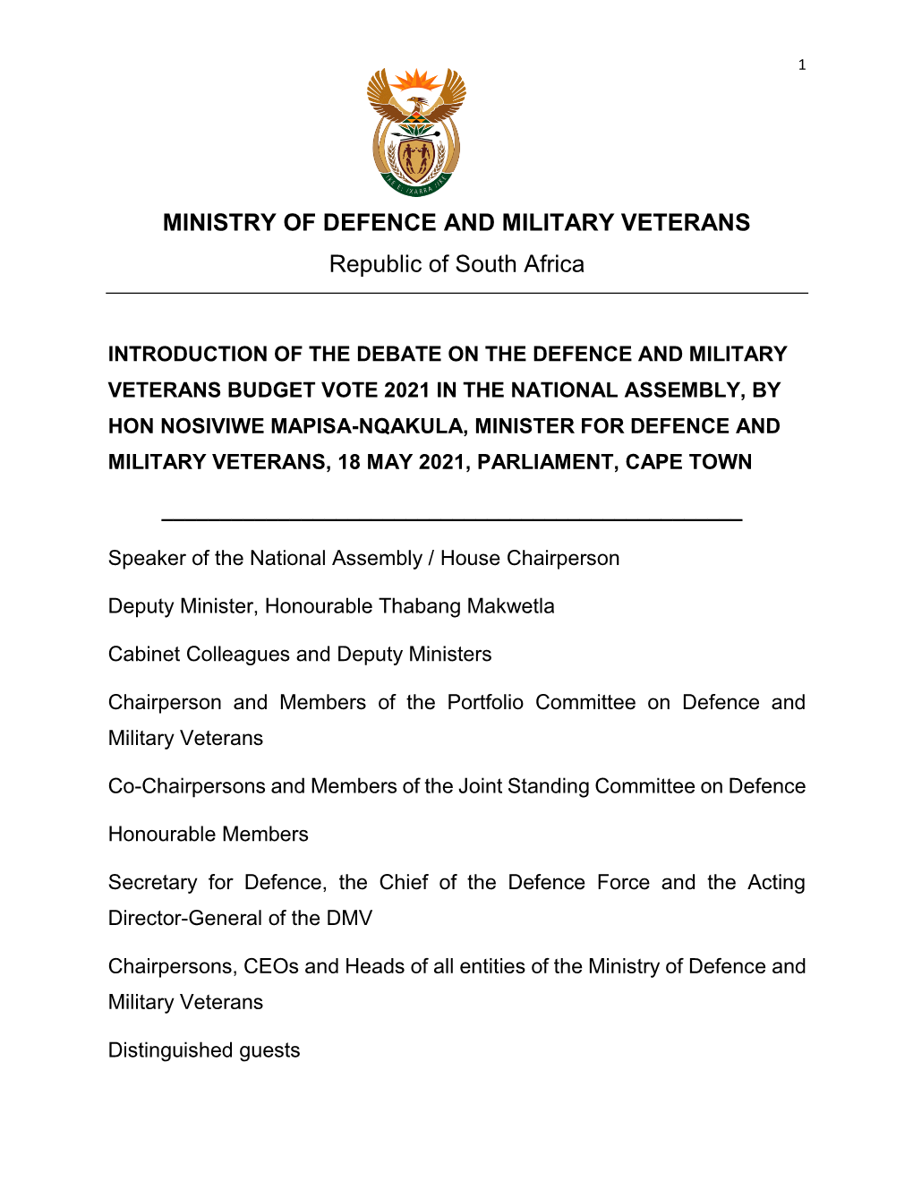 Minister of Defence & Military Veterans Budget Speech
