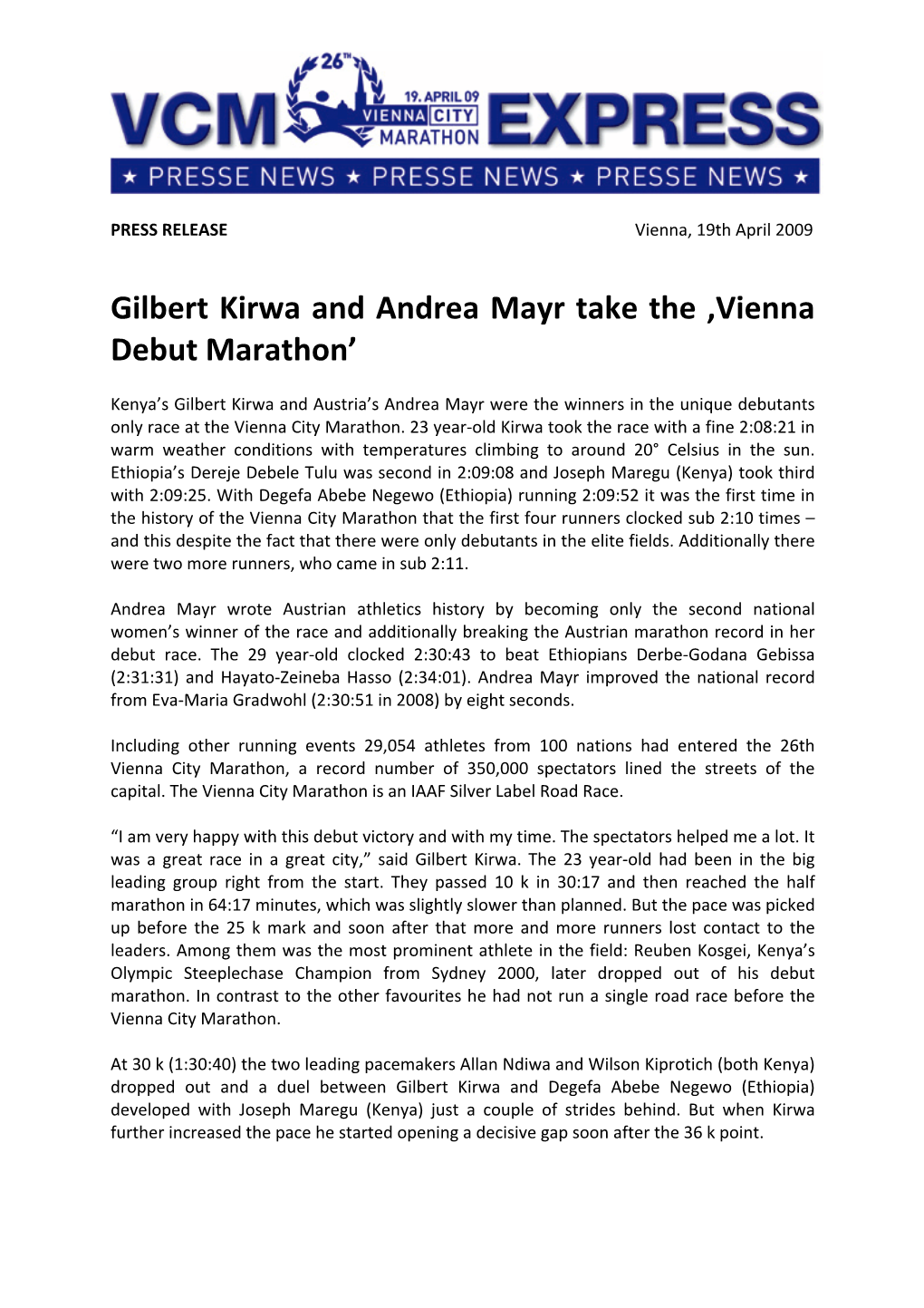 Gilbert Kirwa and Andrea Mayr Take the ,Vienna Debut Marathon'