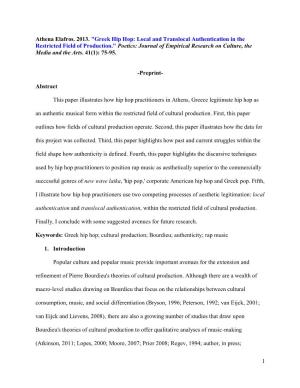 "Greek Hip Hop: Local and Translocal Authentication in the Restricted Field of Production." Poetics: Journal of Empirical Research on Culture, the Media and the Arts