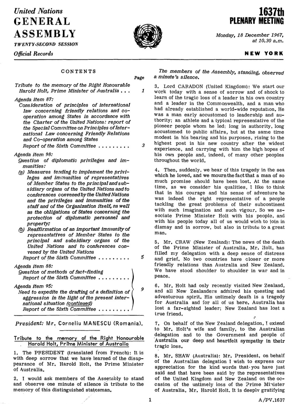 1637Th PLENARY MEETING GENERAL ., "J ASSEMBLY Monday, 18 .December 1967, 1 at 10.30 A.M