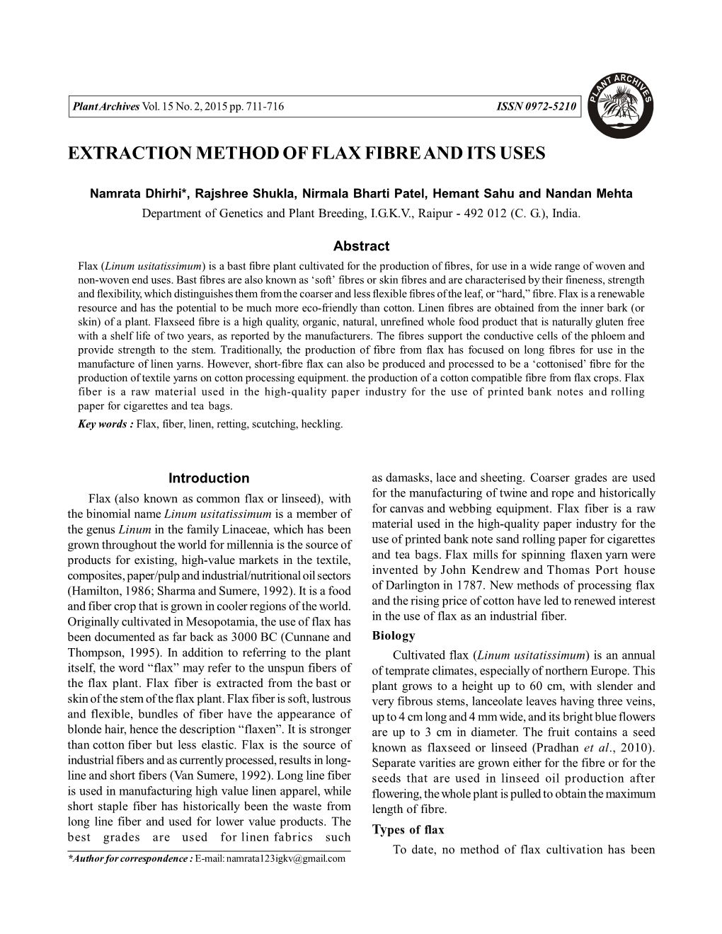 Extraction Method of Flax Fibre and Its Uses