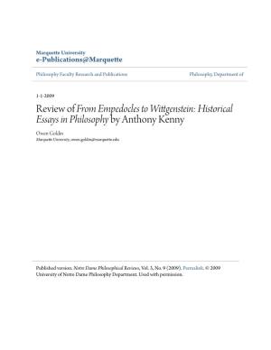 Historical Essays in Philosophy by Anthony Kenny Owen Goldin Marquette University, Owen.Goldin@Marquette.Edu