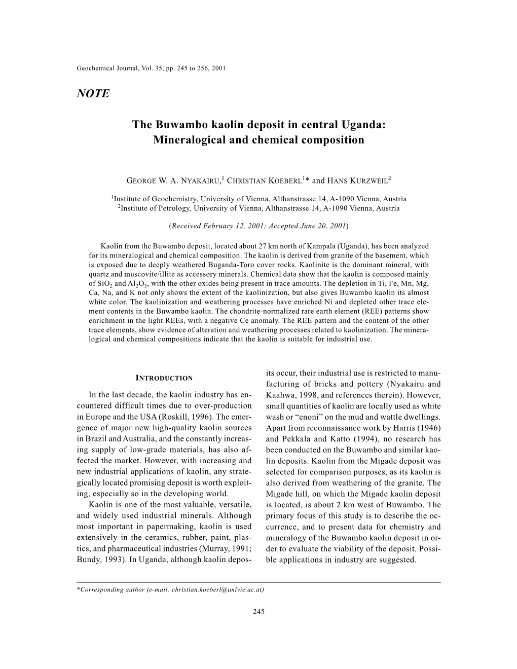 NOTE the Buwambo Kaolin Deposit in Central Uganda: Mineralogical And