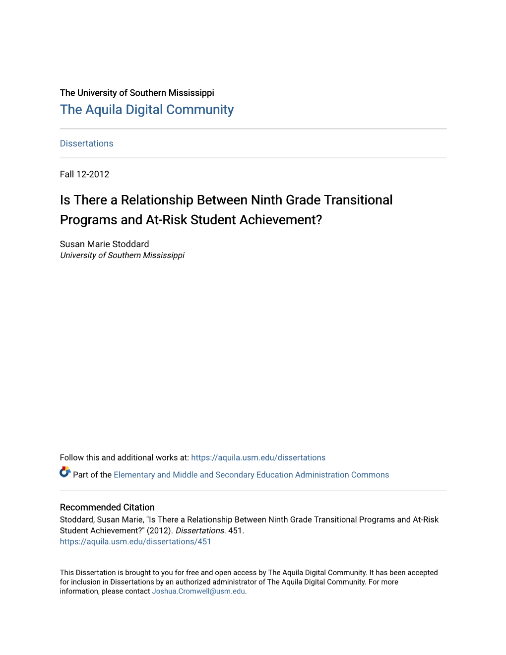 Is There a Relationship Between Ninth Grade Transitional Programs and At-Risk Student Achievement?