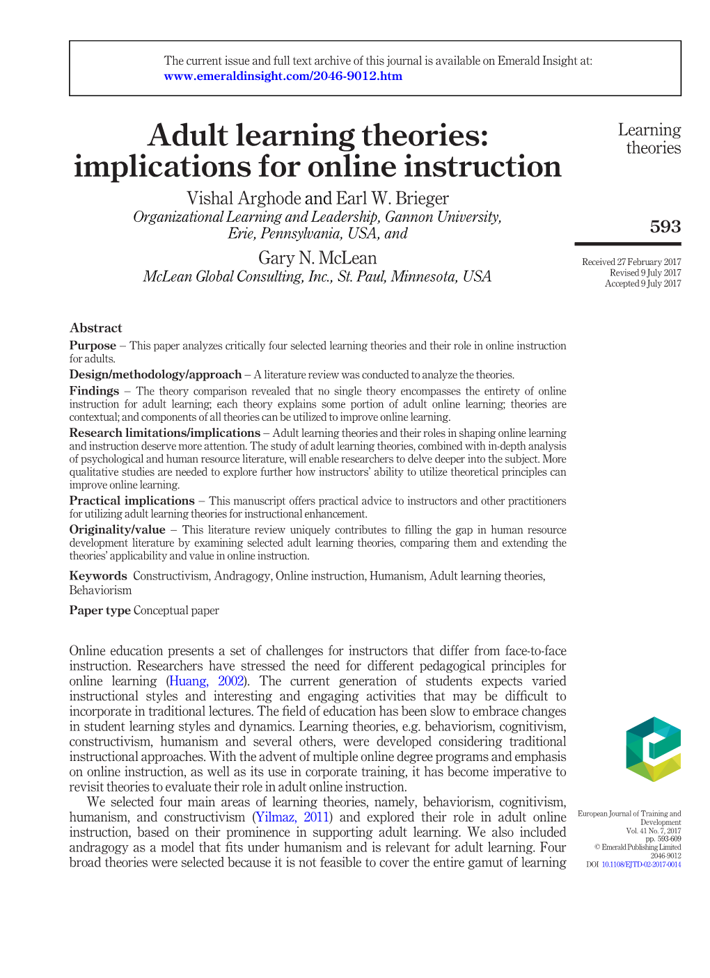 Adult Learning Theories: Implications for Online Instruction