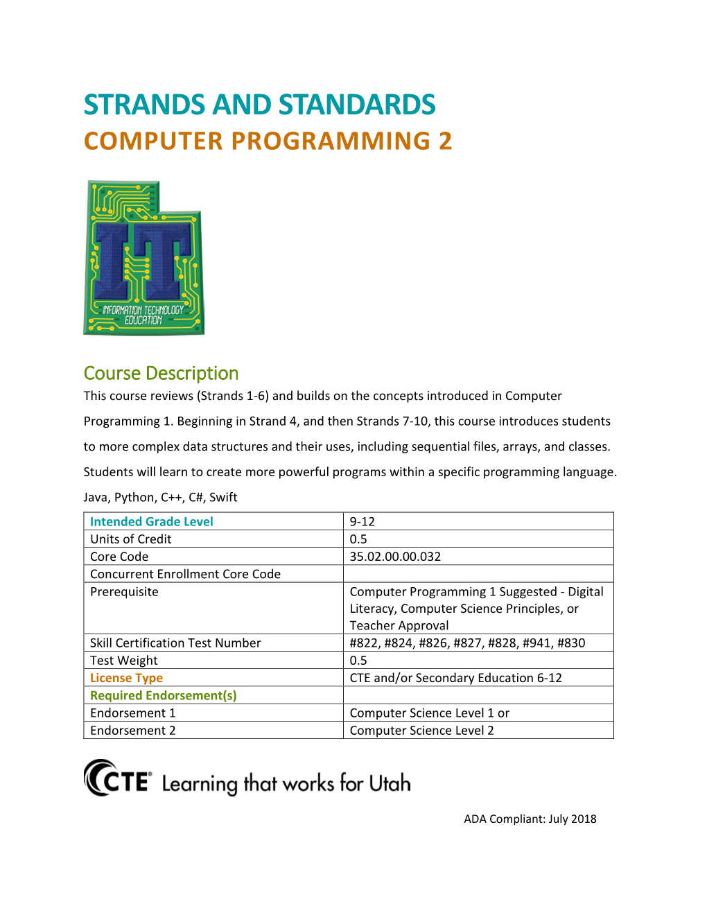 Computer Programming 2 Strands and Standards