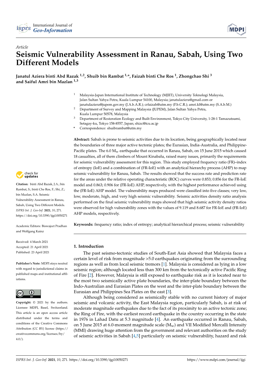 Seismic Vulnerability Assessment in Ranau, Sabah, Using Two Different Models