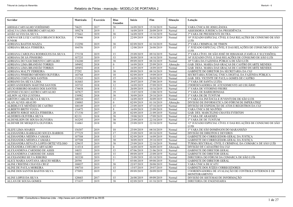 1 De 27 Tribunal De Justiça Do Maranhão� Mentorh - 6 Relatório De Férias - Marcação - MODELO DE PORTARIA 2