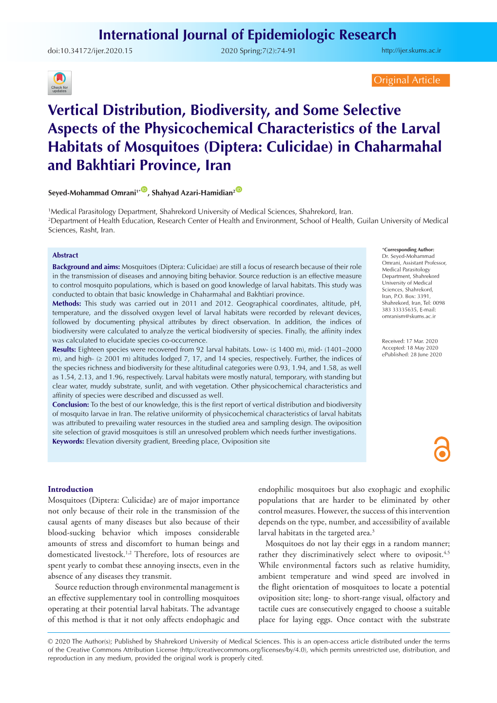 Vertical Distribution, Biodiversity, and Some Selective Aspects of the Physicochemical Characteristics of the Larval Habitats Of