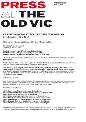 CASTING ANNOUNCED for the GREATEST WEALTH in Celebration of the NHS