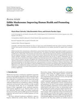 Review Article Edible Mushrooms: Improving Human Health and Promoting Quality Life