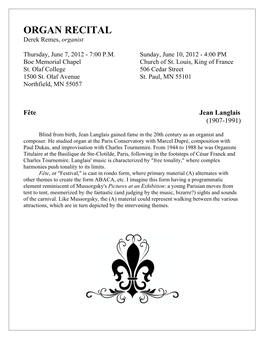 Organ Recital Program June 7, 10 2012