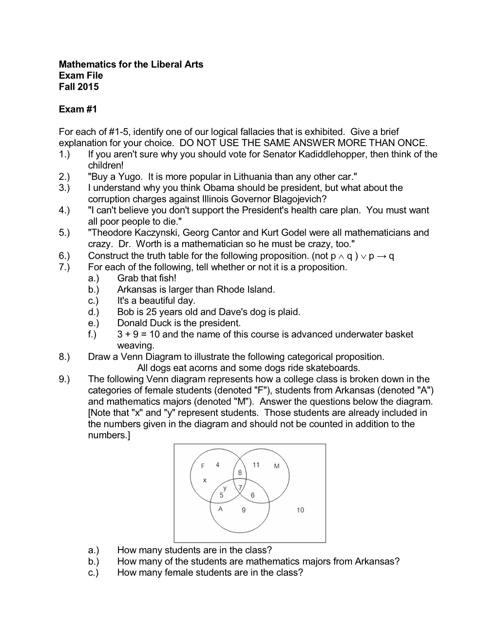Mathematics for the Liberal Arts Exam File Fall 2015 Exam #1 for Each Of