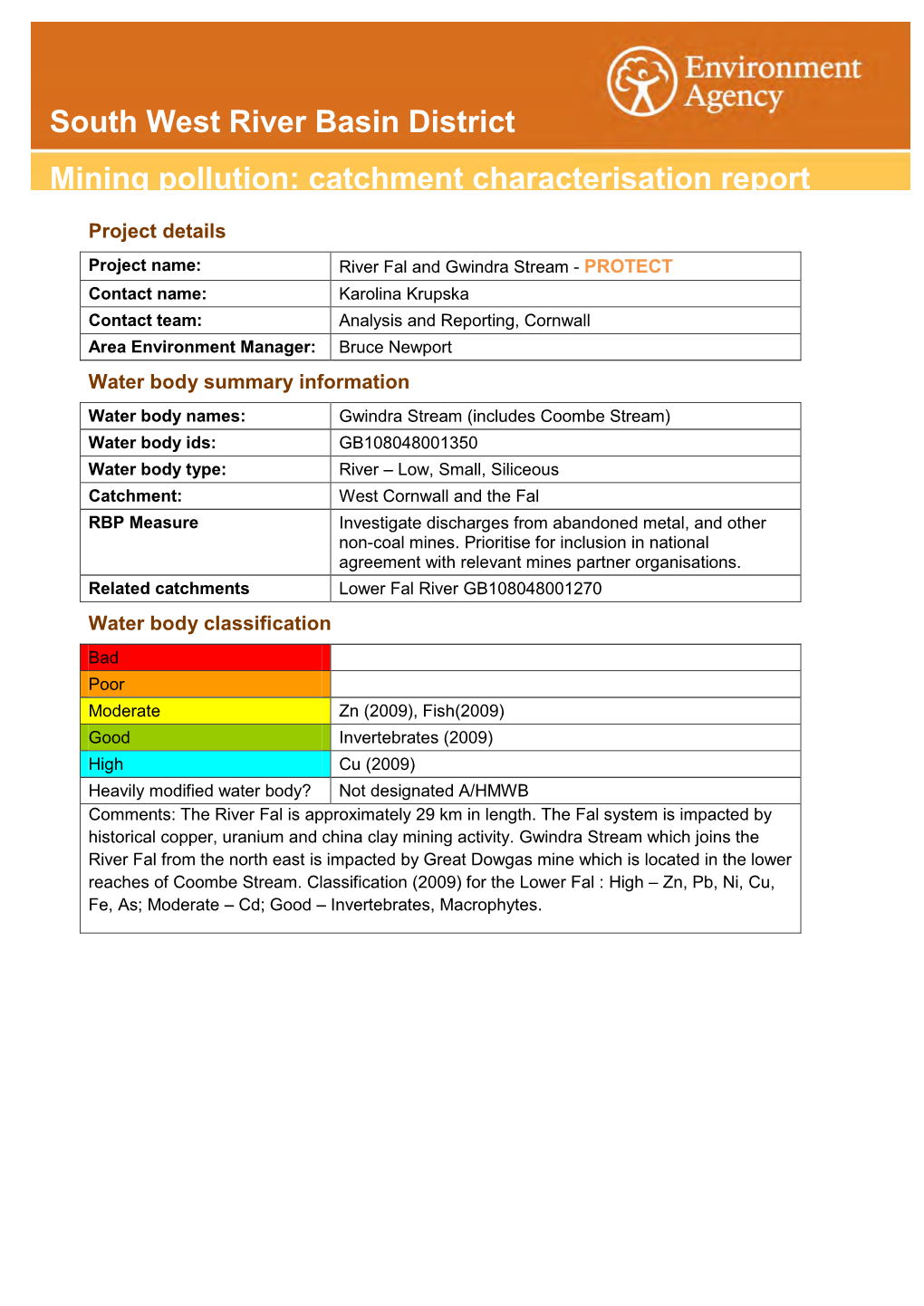 South West River Basin District Mining Pollution: Catchment Characterisation Report