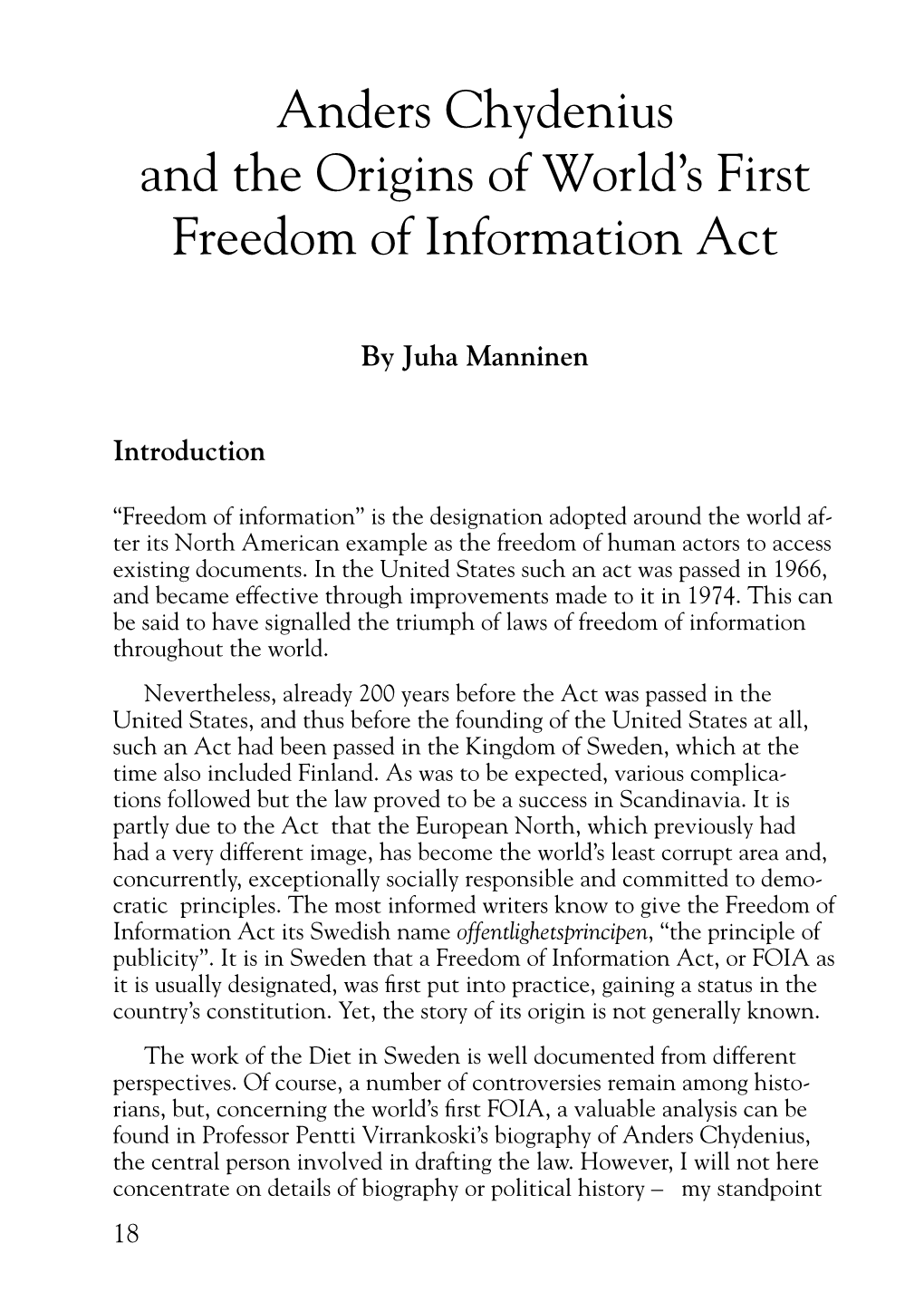 Anders Chydenius and the Origins of World's First Freedom of Information