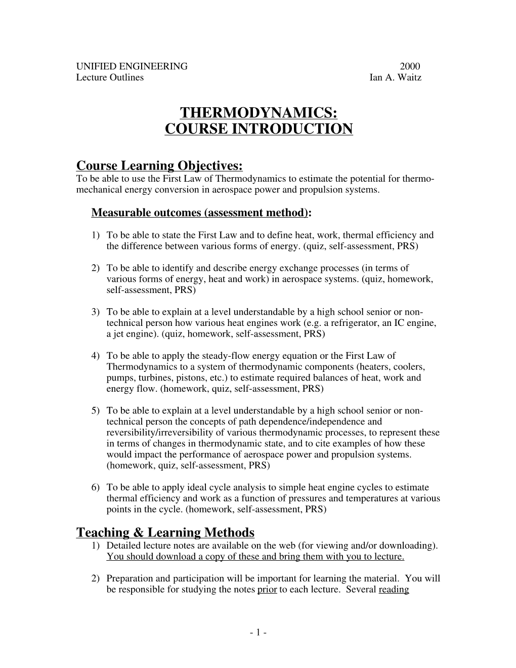 Thermodynamics: Course Introduction