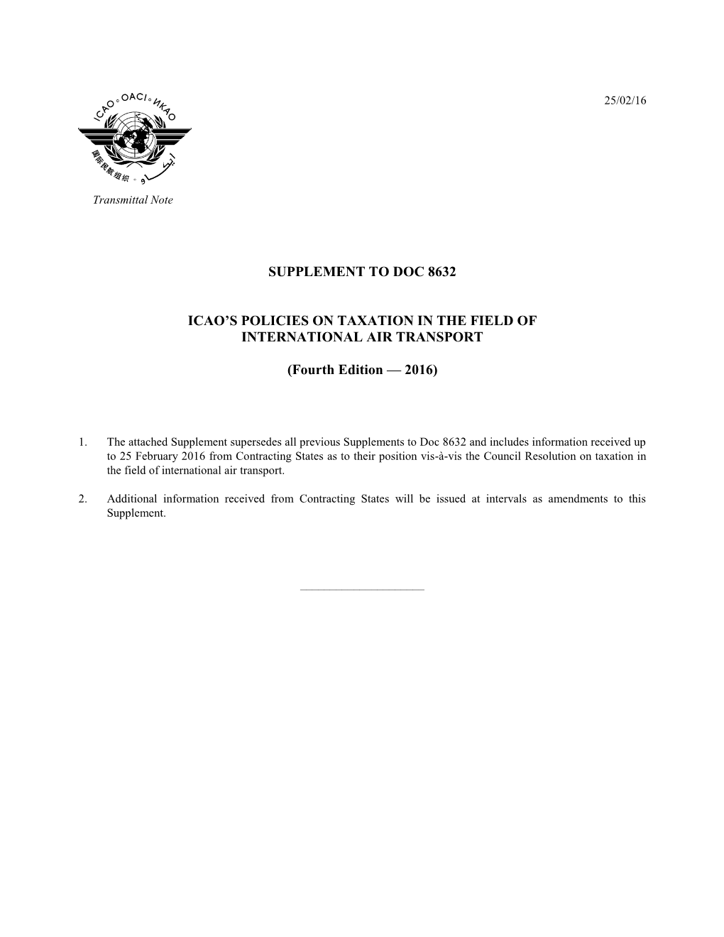 Supplement to Doc 8632 Icao's Policies on Taxation in The