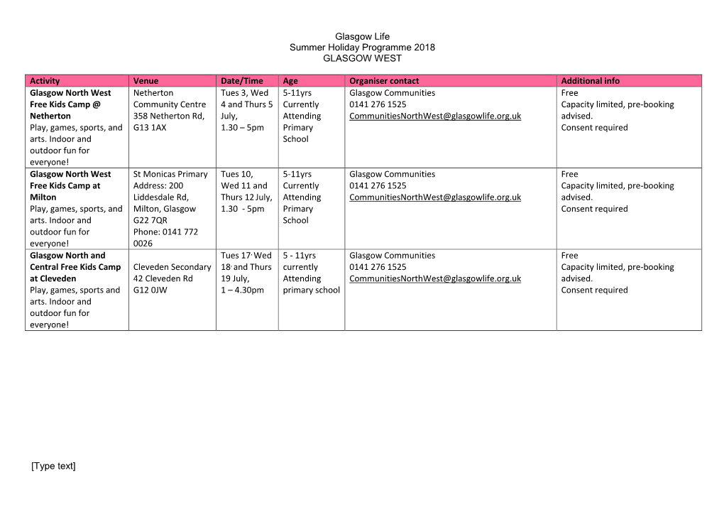 Glasgow Life Summer Holiday Programme 2018 GLASGOW WEST