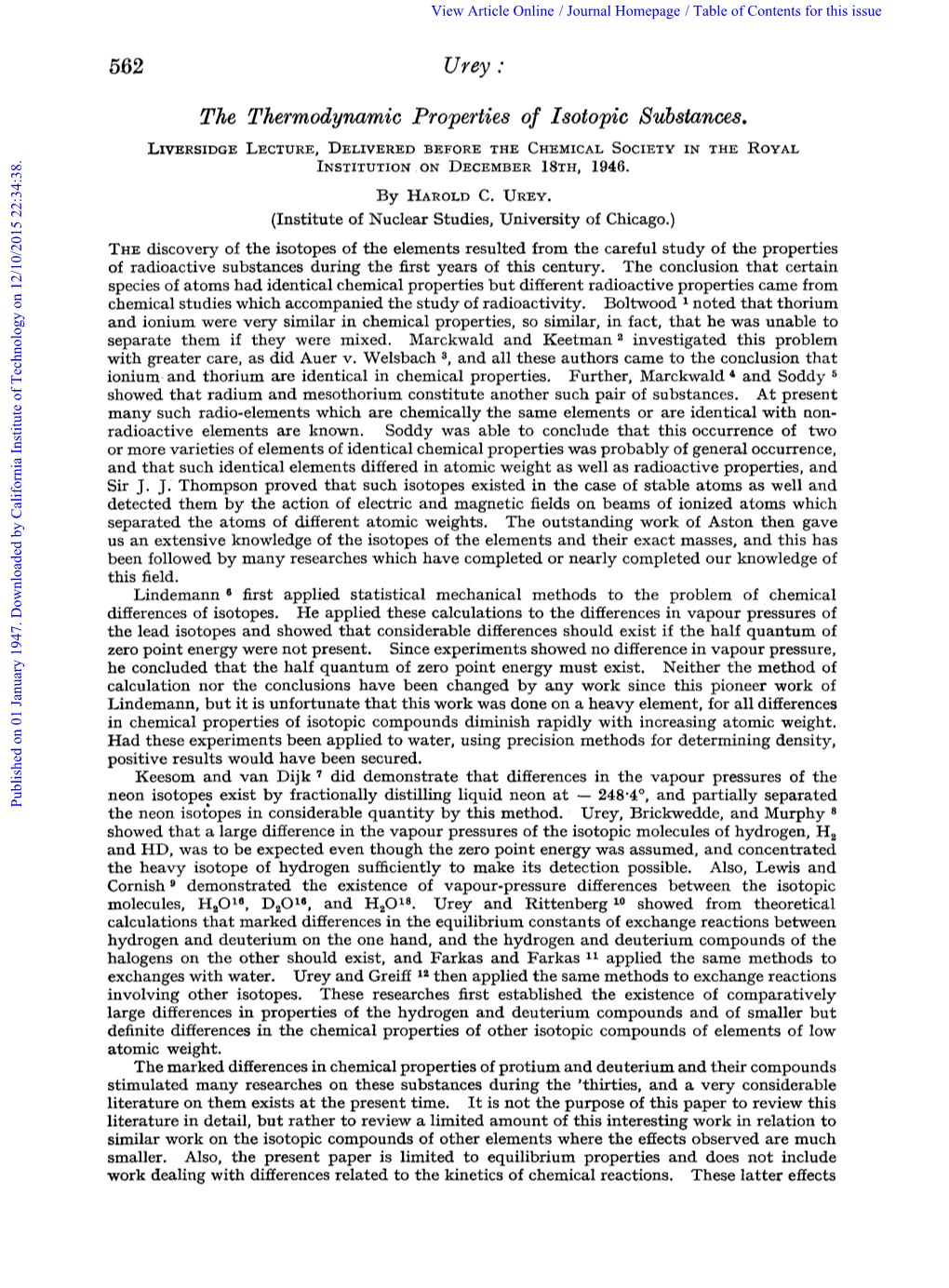 Urey (1947): Thermodynamic Properties of Isotope Substances