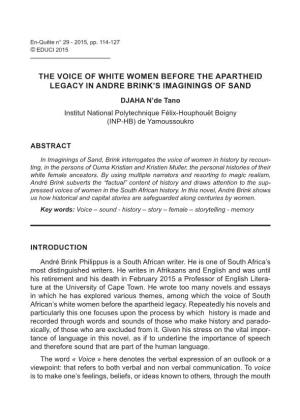 The Voice of White Women Before the Apartheid Legacy in Andre Brink’S Imaginings of Sand