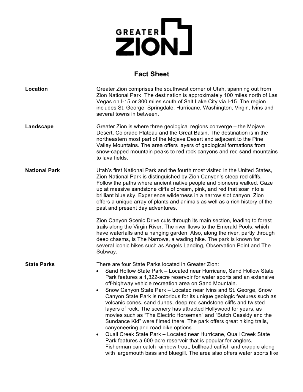 Greater Zion Fact Sheet