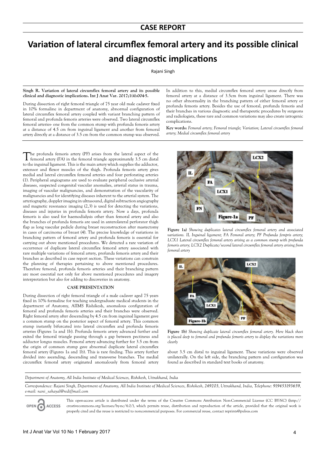 Variation of Lateral Circumflex Femoral Artery and Its Possible Clinical and Diagnostic Implications