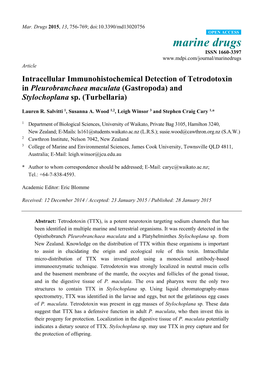 Intracellular Immunohistochemical Detection of Tetrodotoxin in Pleurobranchaea Maculata (Gastropoda) and Stylochoplana Sp. (Turbellaria)