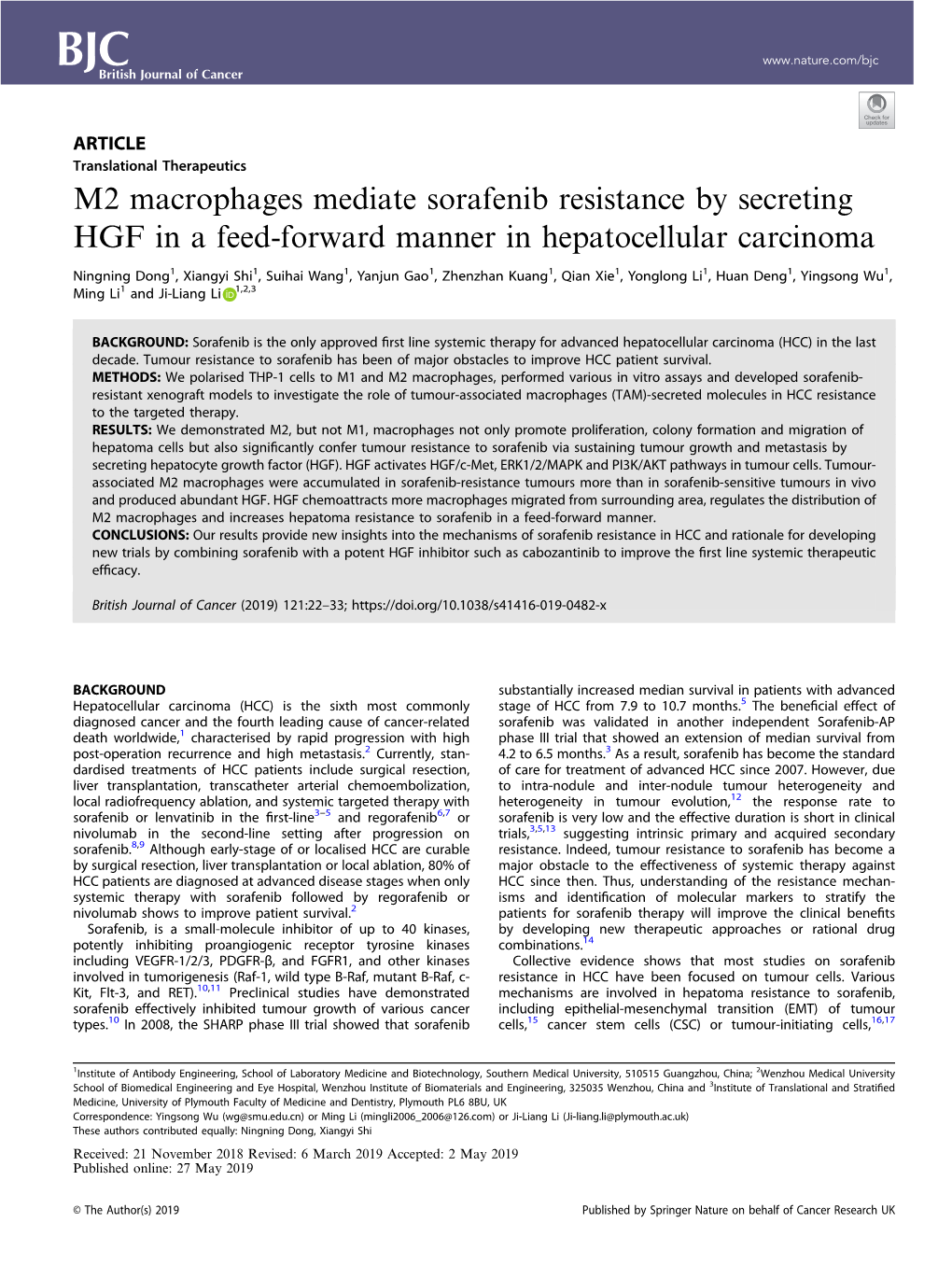 M2 Macrophages Mediate Sorafenib Resistance by Secreting HGF in a Feed-Forward Manner in Hepatocellular Carcinoma