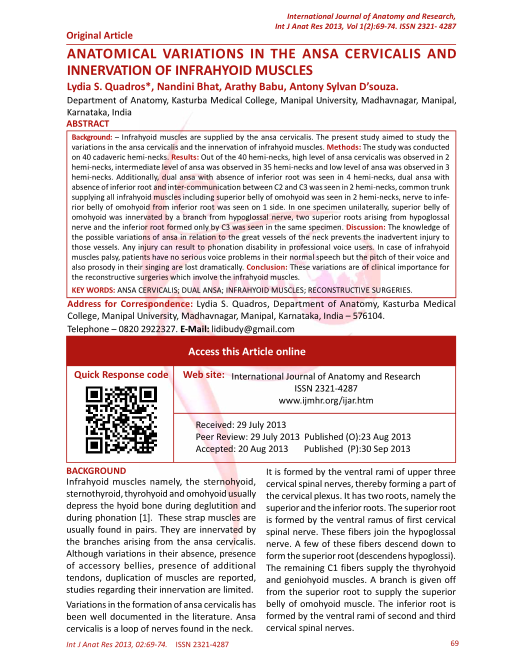 ANATOMICAL VARIATIONS in the ANSA CERVICALIS and INNERVATION of INFRAHYOID MUSCLES Lydia S