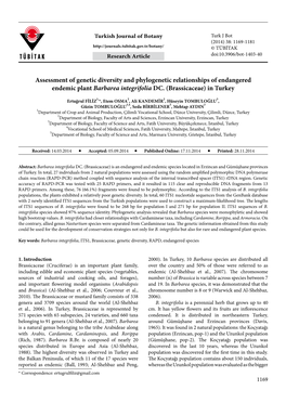 Assessment of Genetic Diversity and Phylogenetic Relationships of Endangered Endemic Plant Barbarea Integrifolia DC
