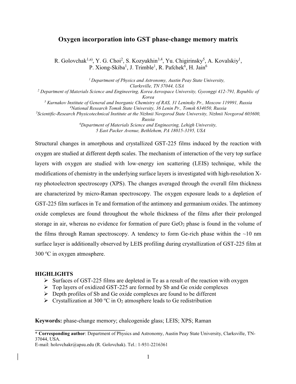 Oxygen Incorporation Into GST Phase-Change Memory Matrix