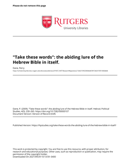 The Abiding Lure of the Hebrew Bible in Itself