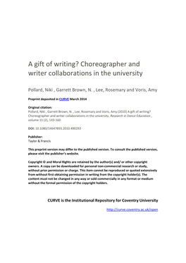 A Gift of Writing? Choreographer and Writer Collaborations in the University