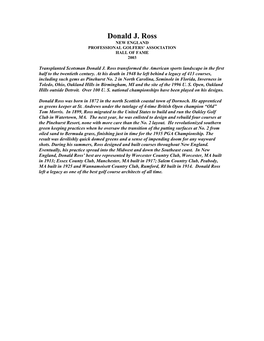 Donald J. Ross NEW ENGLAND PROFESSIONAL GOLFERS’ ASSOCIATION HALL of FAME 2003