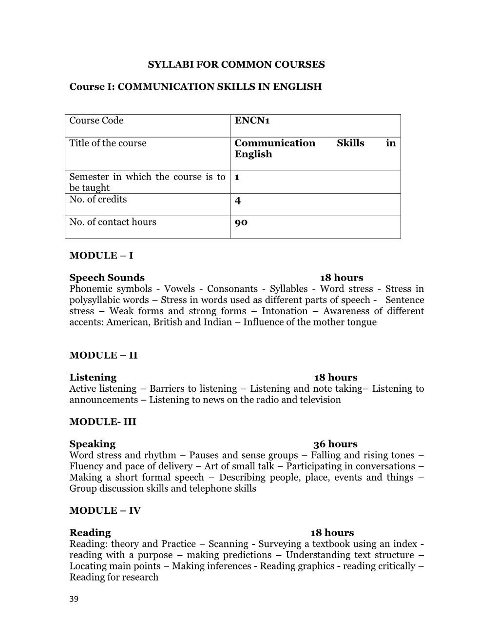 SYLLABI for COMMON COURSES Course I