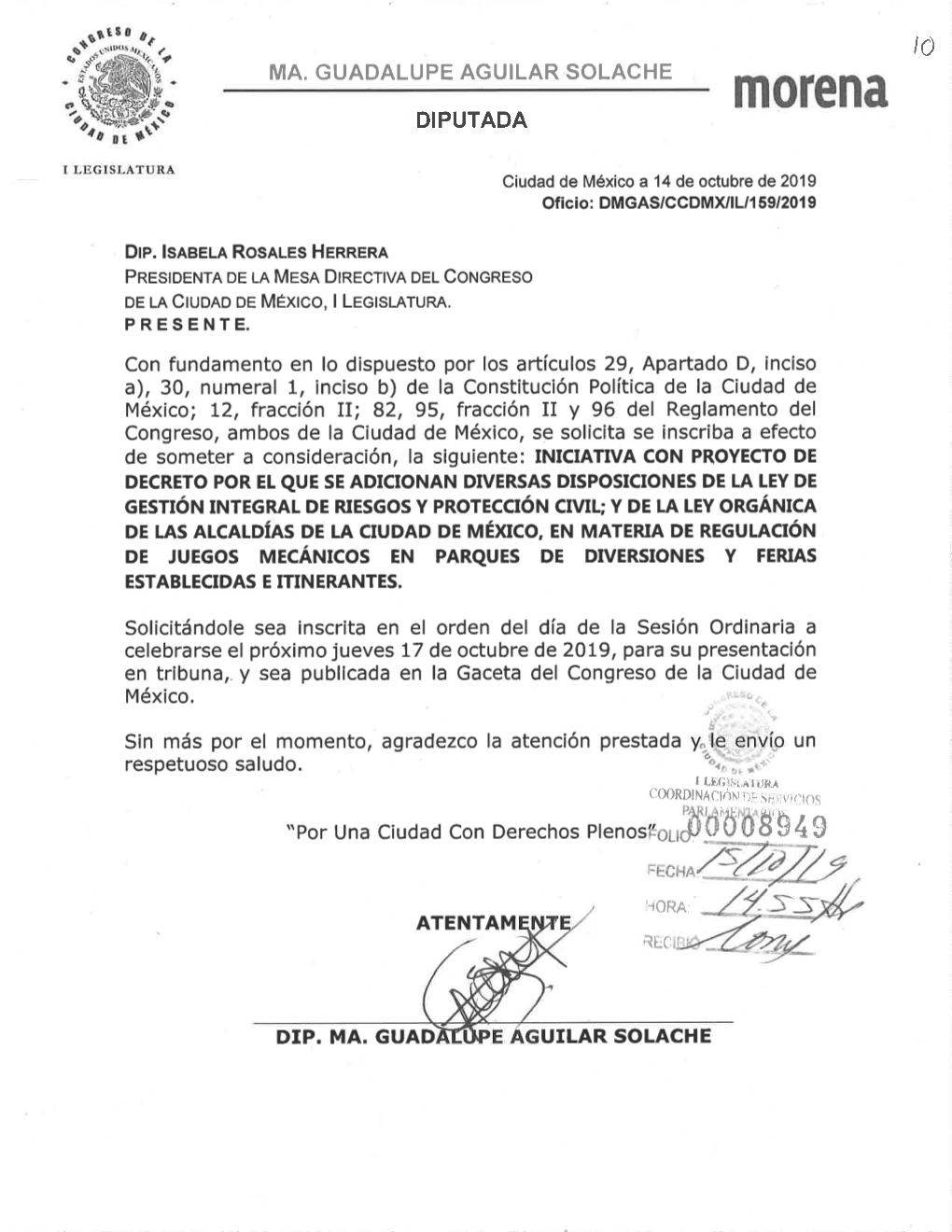 M0rena W DIPUTADA I LEGISL"Atunå, Ciudad De México a 14 De Octubre De 2019 Oficio : DMGAS/CCDMX/IL/I 59 12019