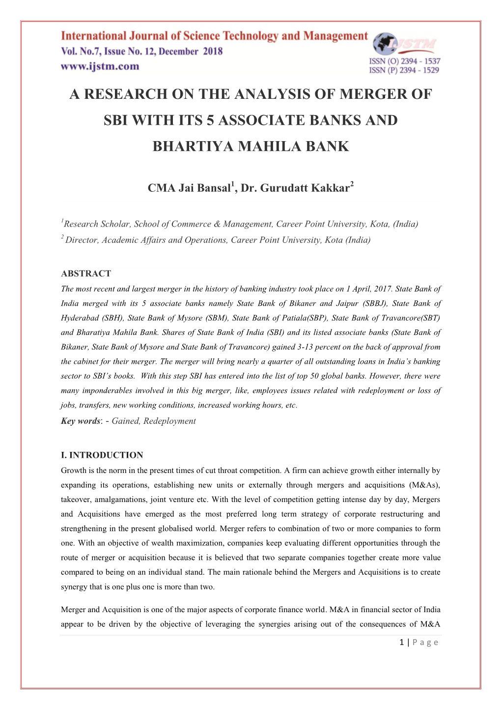 A Research on the Analysis of Merger of Sbi with Its 5 Associate Banks and Bhartiya Mahila Bank