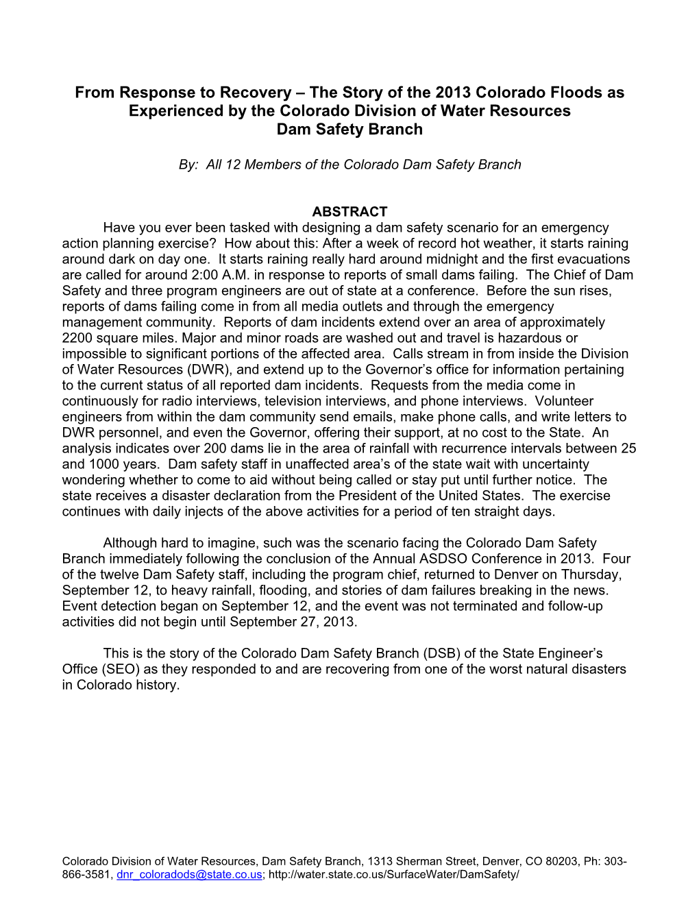 The Story of the 2013 Colorado Floods As Experienced by the Colorado Division of Water Resources Dam Safety Branch