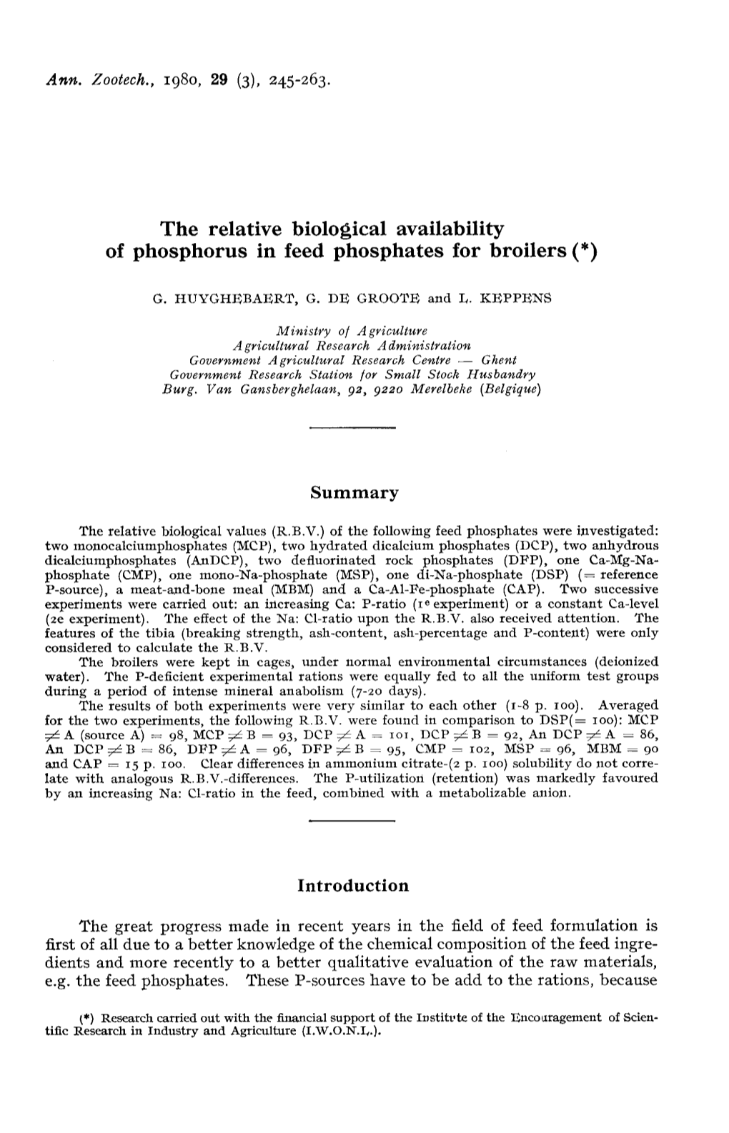 The Relative Biological Availability of Phosphorus in Feed Phosphates for Broilers (*)