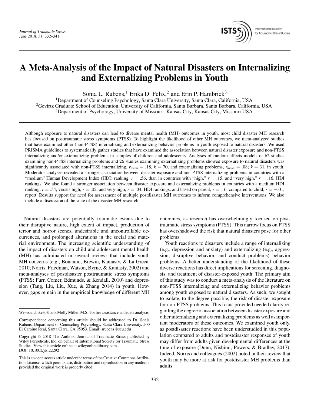 A Meta-Analysis of the Impact of Natural Disasters on Internalizing and Externalizing Problems in Youth