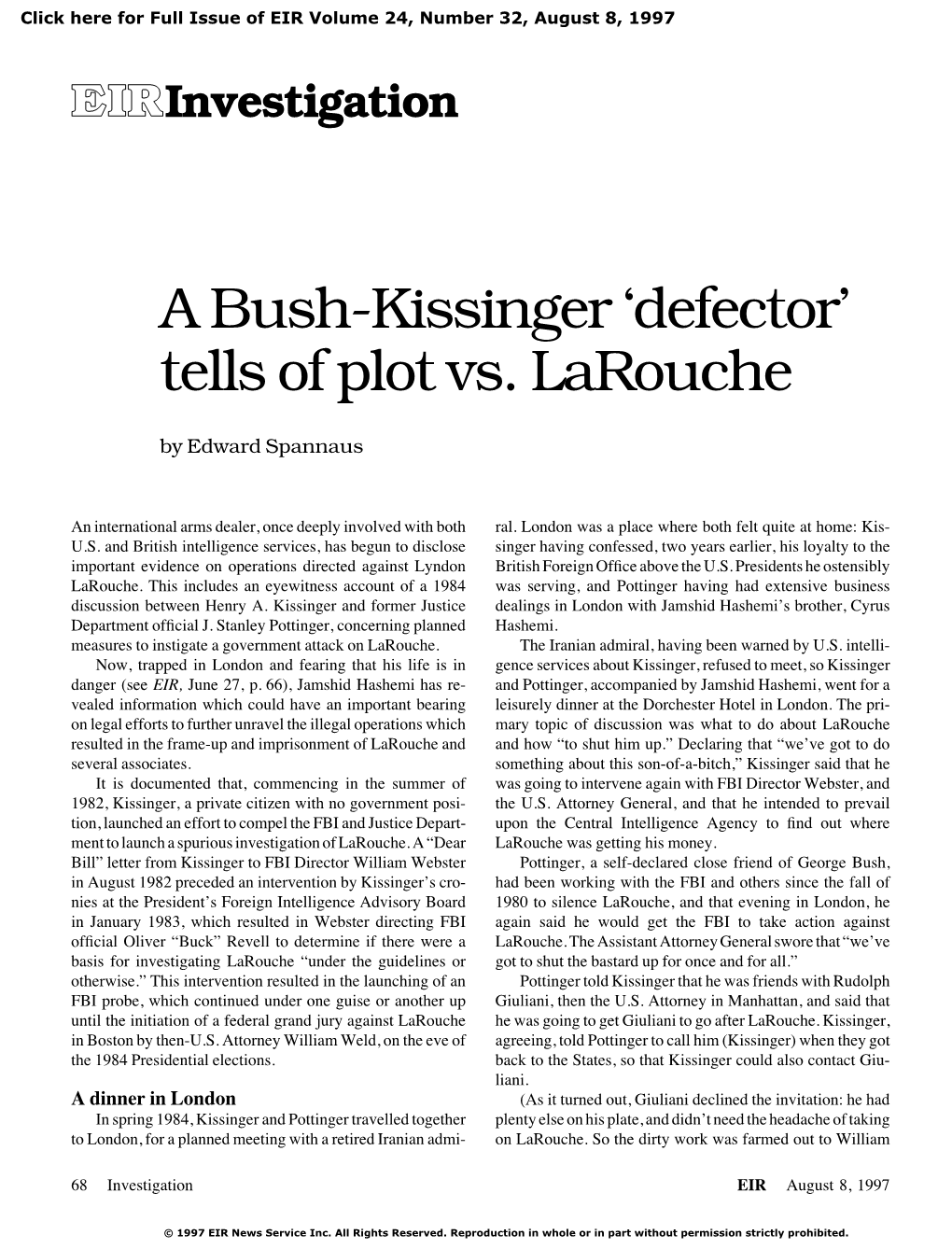 A Bush-Kissinger 'Defector' Tells of Plot Vs. Larouche