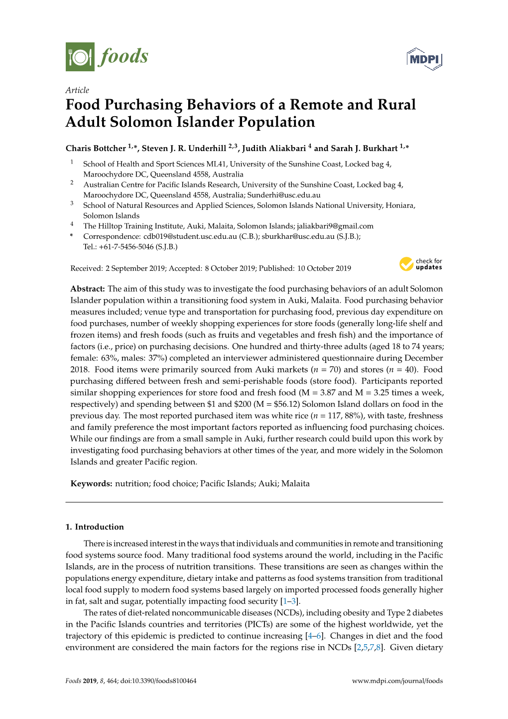 Food Purchasing Behaviors of a Remote and Rural Adult Solomon Islander Population