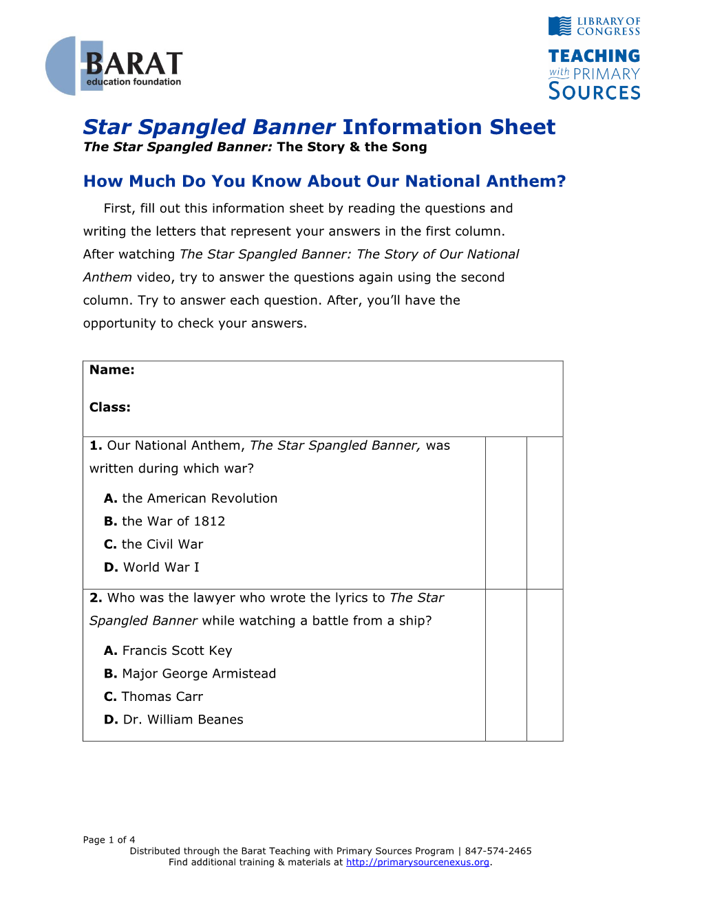 Star Spangled Banner Information Sheet the Star Spangled Banner: the Story & the Song