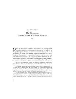 The Menexenus: Plato’S Critique of Political Rhetoric 