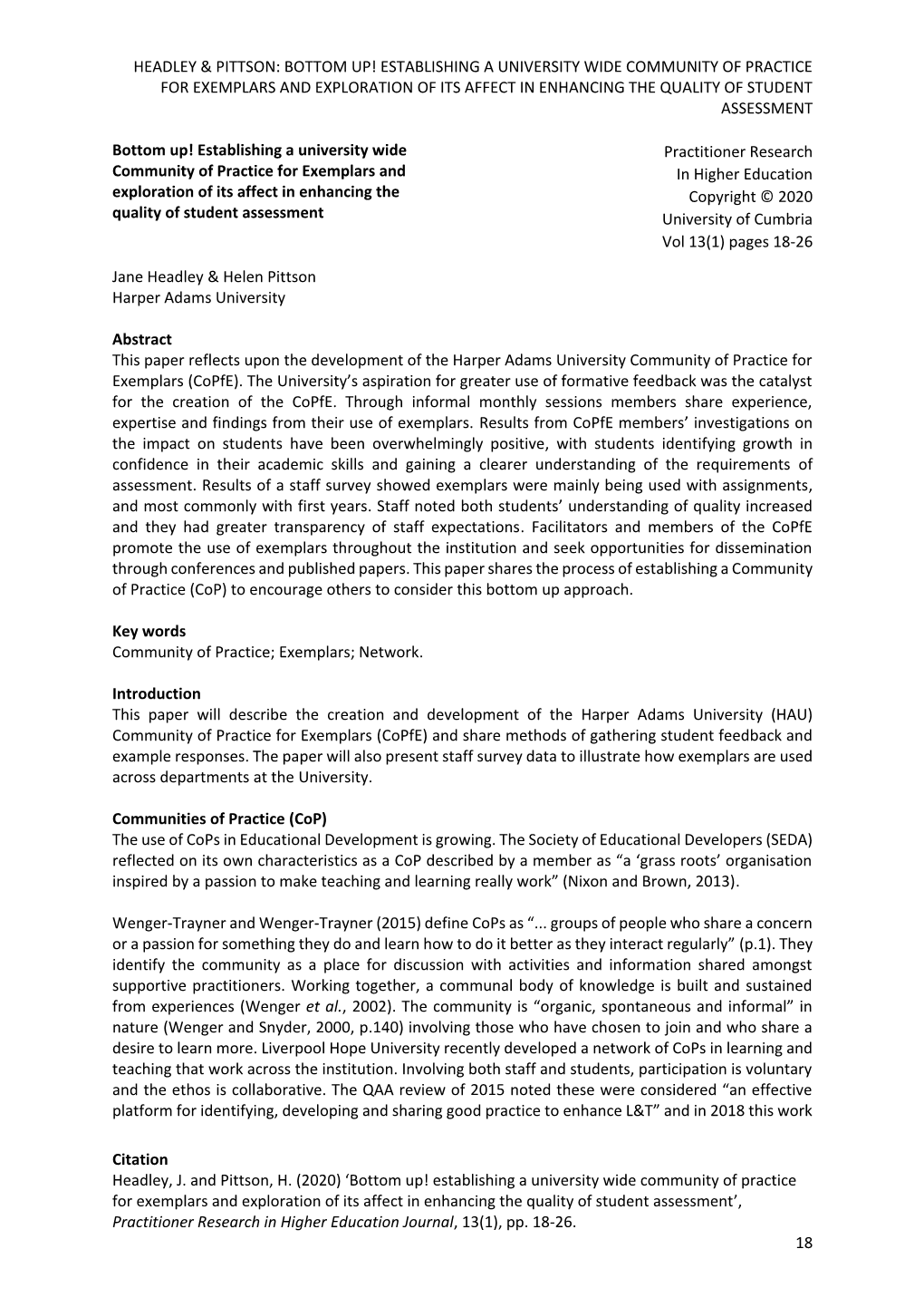 Headley & Pittson: Bottom Up! Establishing a University Wide Community of Practice for Exemplars and Exploration of Its Affe